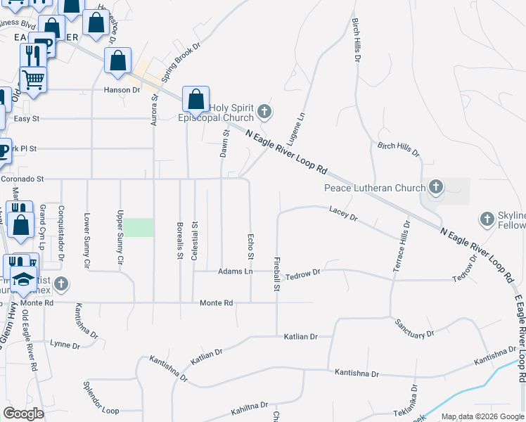 map of restaurants, bars, coffee shops, grocery stores, and more near 11503 Echo Street in Anchorage