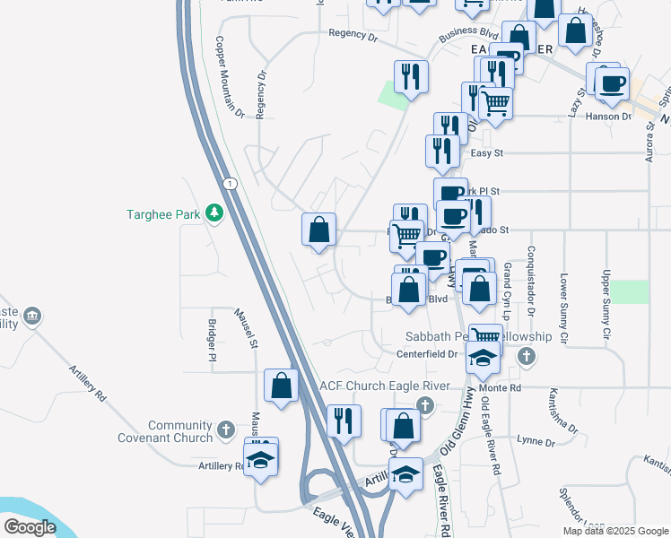 map of restaurants, bars, coffee shops, grocery stores, and more near 16300 Heritage Place in Anchorage