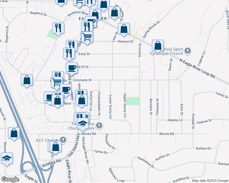 map of restaurants, bars, coffee shops, grocery stores, and more near 11507 Lower Sunny Circle in Anchorage