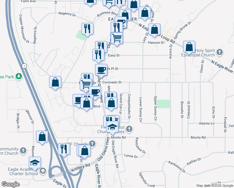 map of restaurants, bars, coffee shops, grocery stores, and more near 11501 Old Glenn Highway in Anchorage