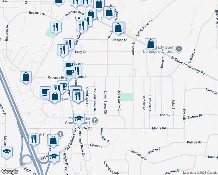 map of restaurants, bars, coffee shops, grocery stores, and more near 11507 Lower Sunny Circle in Anchorage