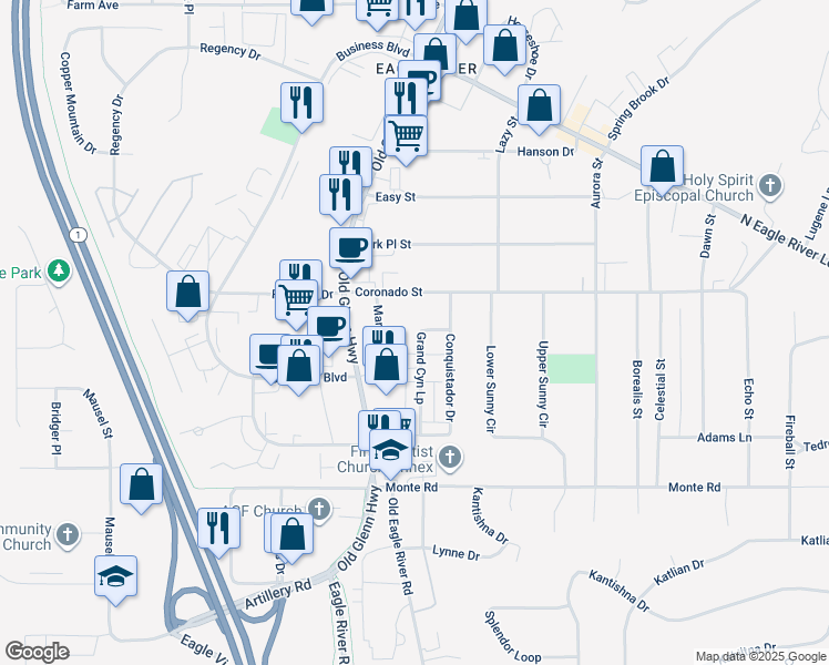 map of restaurants, bars, coffee shops, grocery stores, and more near 11540 Grand Canyon Loop in Anchorage