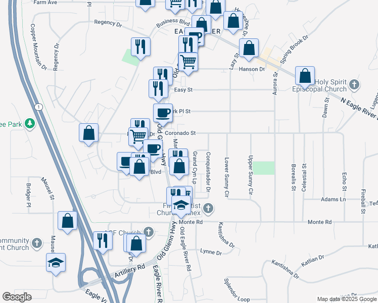 map of restaurants, bars, coffee shops, grocery stores, and more near 11501 Old Glenn Highway in Anchorage