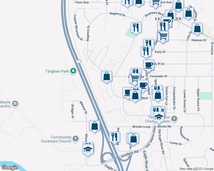map of restaurants, bars, coffee shops, grocery stores, and more near 16331 Heritage Place in Anchorage