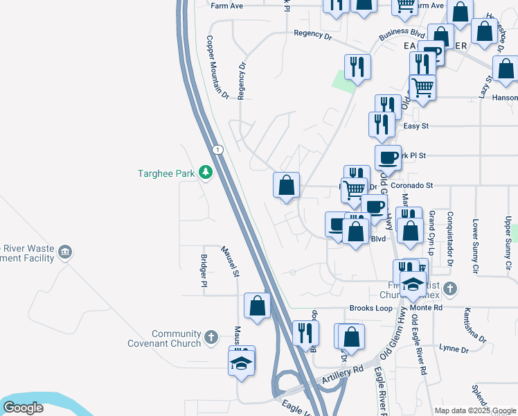 map of restaurants, bars, coffee shops, grocery stores, and more near 11528 Heritage Court in Anchorage
