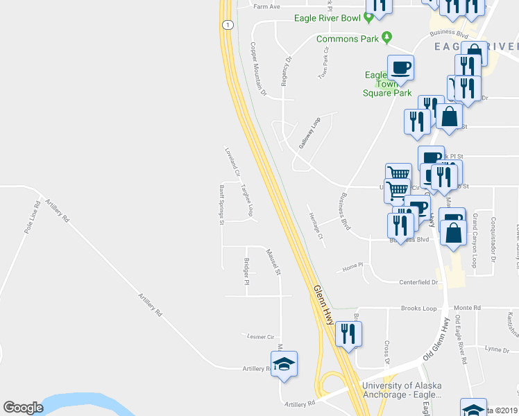 map of restaurants, bars, coffee shops, grocery stores, and more near 11519 Targhee Loop in Anchorage