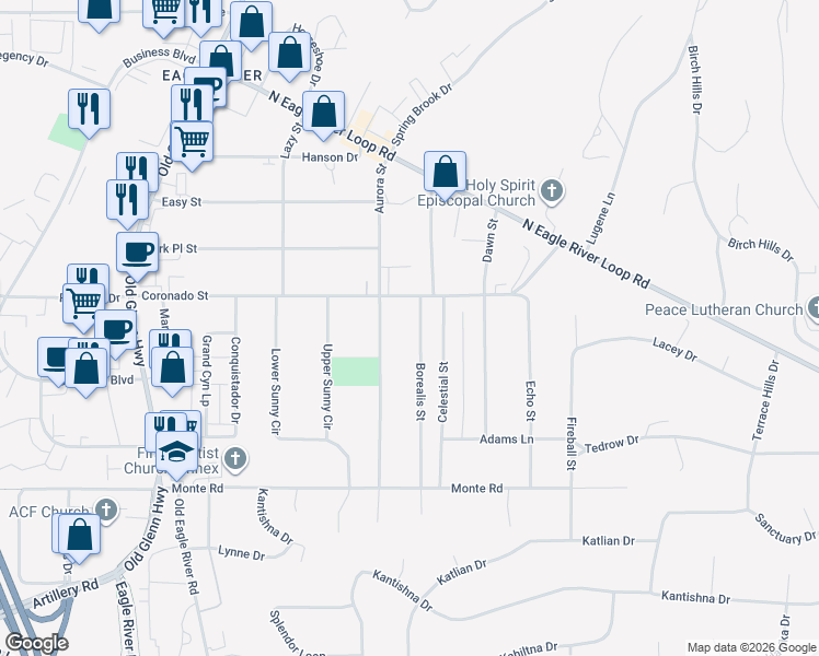 map of restaurants, bars, coffee shops, grocery stores, and more near 11516 Borealis Street in Anchorage
