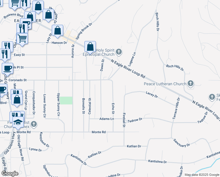 map of restaurants, bars, coffee shops, grocery stores, and more near 11516 Echo Street in Anchorage