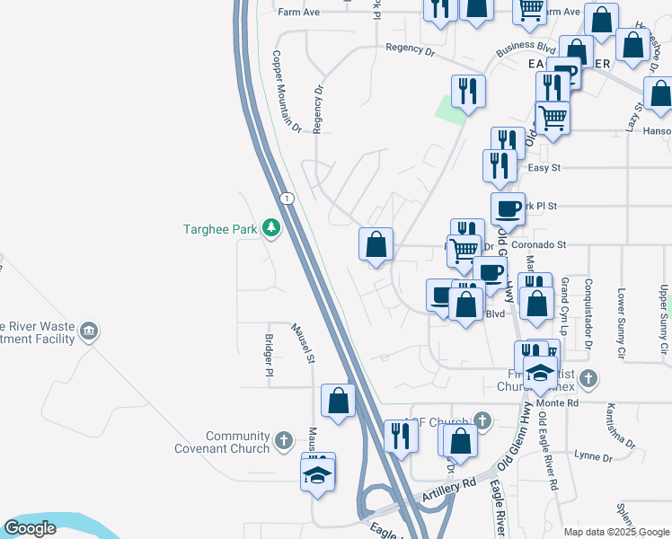 map of restaurants, bars, coffee shops, grocery stores, and more near 11528 Heritage Court in Anchorage