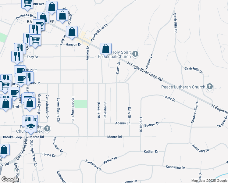 map of restaurants, bars, coffee shops, grocery stores, and more near 11516 Dawn Street in Anchorage