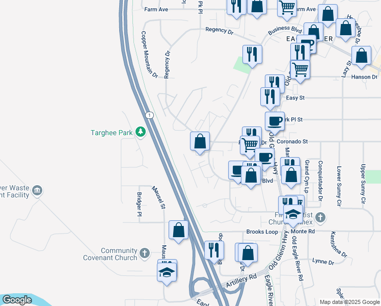 map of restaurants, bars, coffee shops, grocery stores, and more near 11528 Heritage Court in Anchorage