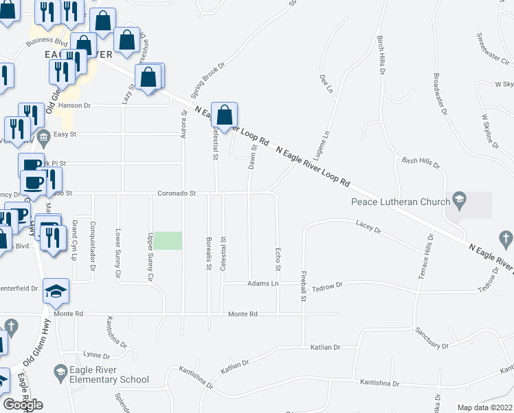 map of restaurants, bars, coffee shops, grocery stores, and more near 11529 Dawn Street in Anchorage