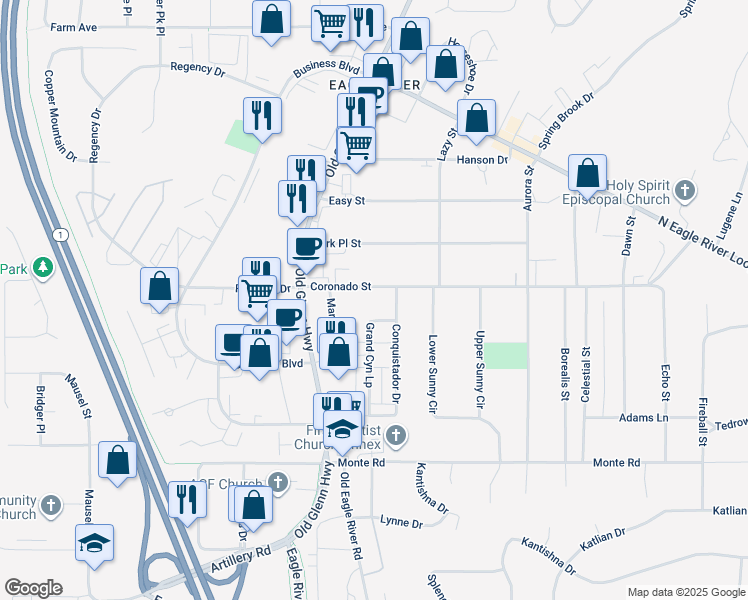 map of restaurants, bars, coffee shops, grocery stores, and more near 11540 Grand Canyon Loop in Anchorage