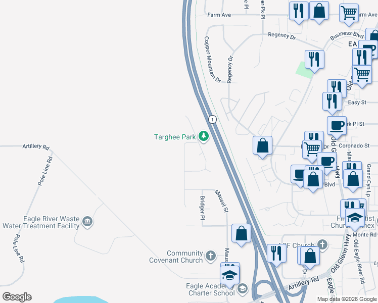 map of restaurants, bars, coffee shops, grocery stores, and more near 11543 Banff Springs Street in Anchorage