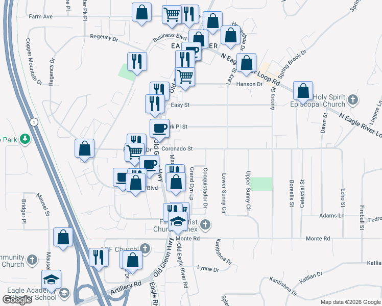 map of restaurants, bars, coffee shops, grocery stores, and more near 16808 Coronado Street in Anchorage