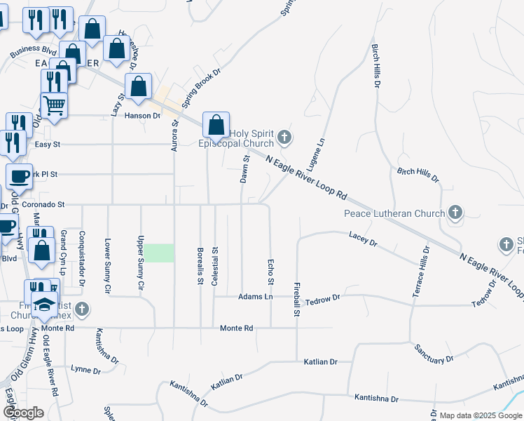 map of restaurants, bars, coffee shops, grocery stores, and more near 11516 Echo Street in Anchorage