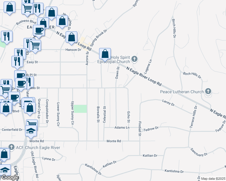 map of restaurants, bars, coffee shops, grocery stores, and more near 11516 Dawn Street in Anchorage