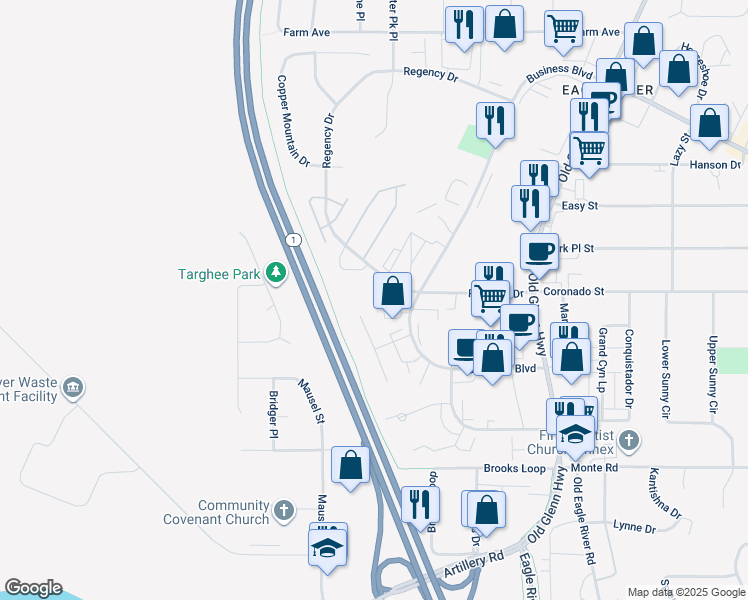 map of restaurants, bars, coffee shops, grocery stores, and more near 11528 Heritage Court in Anchorage
