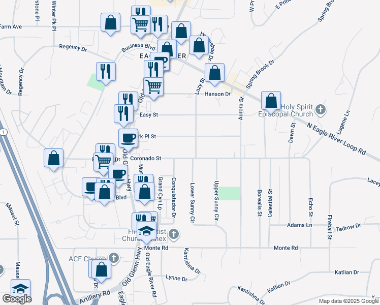 map of restaurants, bars, coffee shops, grocery stores, and more near 16943 Coronado Street in Anchorage