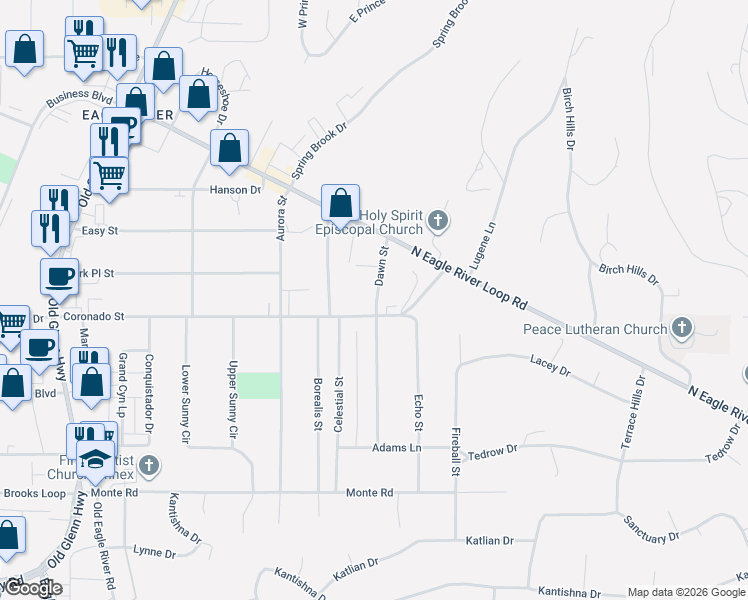 map of restaurants, bars, coffee shops, grocery stores, and more near 11648 Dawn Street in Anchorage