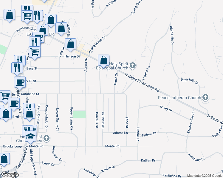 map of restaurants, bars, coffee shops, grocery stores, and more near 11648 Dawn Street in Anchorage