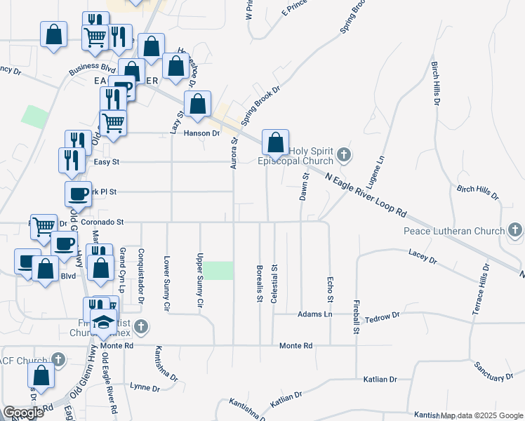 map of restaurants, bars, coffee shops, grocery stores, and more near 11643 North Eagle River Loop Road in Anchorage