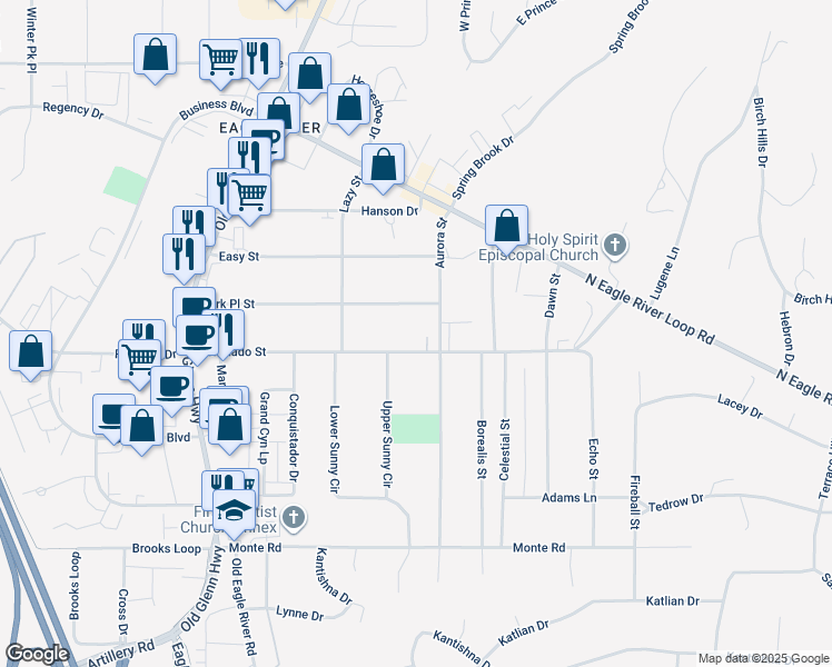 map of restaurants, bars, coffee shops, grocery stores, and more near 17140 Park Place Street in Anchorage