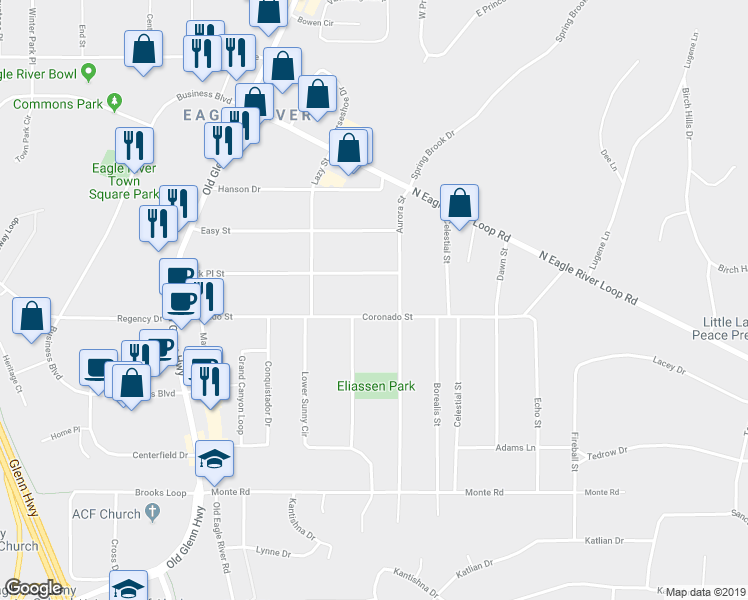 map of restaurants, bars, coffee shops, grocery stores, and more near 17140 Park Place Street in Anchorage