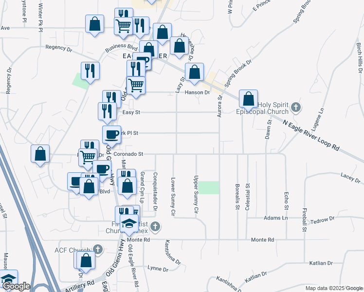 map of restaurants, bars, coffee shops, grocery stores, and more near 11635 Lazy Street in Anchorage