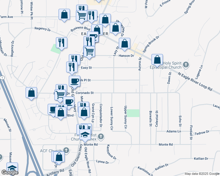 map of restaurants, bars, coffee shops, grocery stores, and more near 16928 Park Place Street in Anchorage