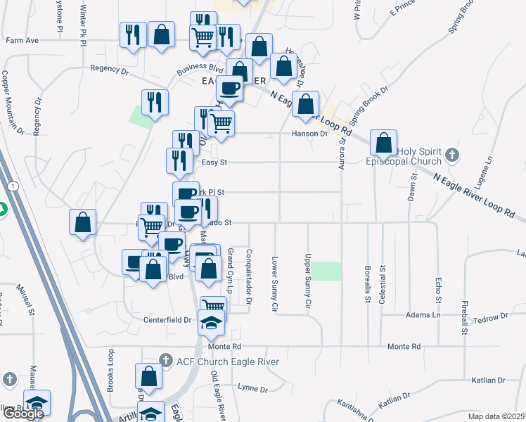 map of restaurants, bars, coffee shops, grocery stores, and more near 16928 Park Place Street in Anchorage