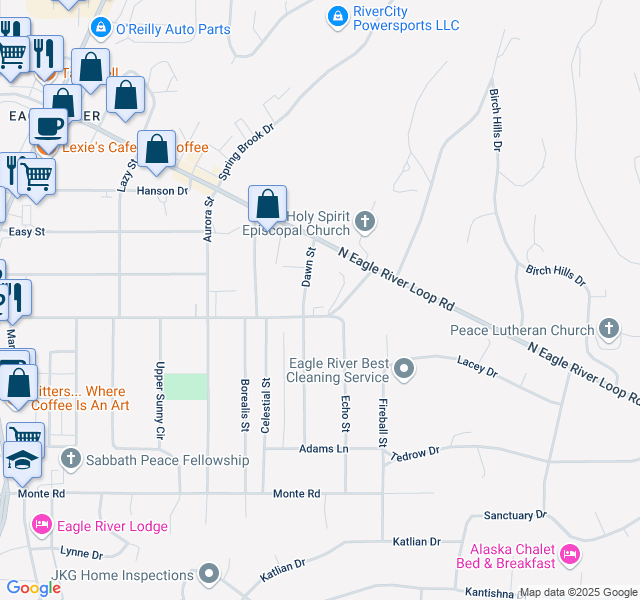 map of restaurants, bars, coffee shops, grocery stores, and more near 17423 Coronado Street in Anchorage
