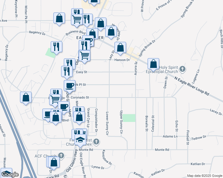 map of restaurants, bars, coffee shops, grocery stores, and more near 11635 Lazy Street in Anchorage