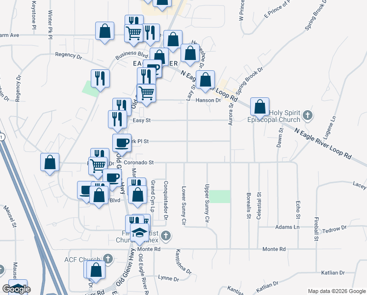 map of restaurants, bars, coffee shops, grocery stores, and more near 11635 Lazy Street in Anchorage