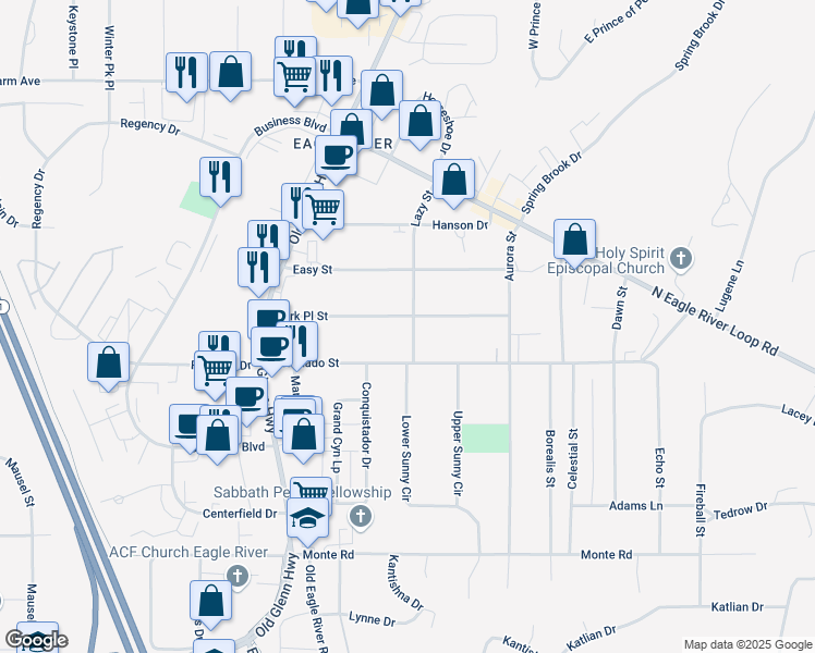 map of restaurants, bars, coffee shops, grocery stores, and more near 16948 Park Place Street in Anchorage