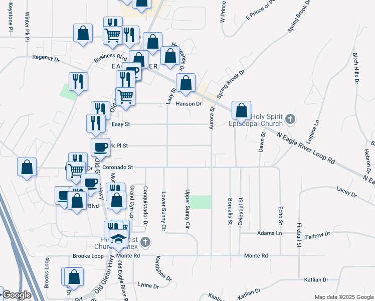 map of restaurants, bars, coffee shops, grocery stores, and more near 17044 Park Place Street in Anchorage