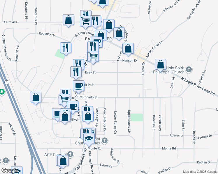 map of restaurants, bars, coffee shops, grocery stores, and more near 16928 Park Place Street in Anchorage