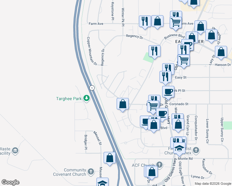 map of restaurants, bars, coffee shops, grocery stores, and more near 11706 Galloway Loop in Anchorage