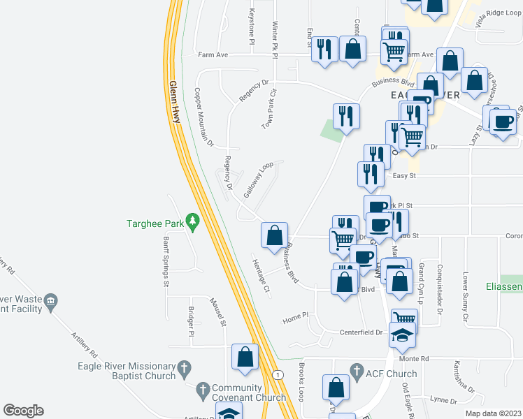 map of restaurants, bars, coffee shops, grocery stores, and more near 11713 Galloway Loop in Anchorage