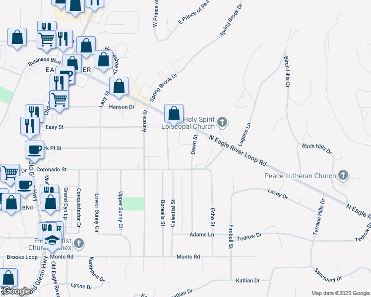 map of restaurants, bars, coffee shops, grocery stores, and more near 11648 Dawn Street in Anchorage
