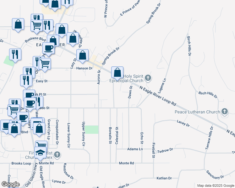 map of restaurants, bars, coffee shops, grocery stores, and more near 11643 North Eagle River Loop Road in Anchorage