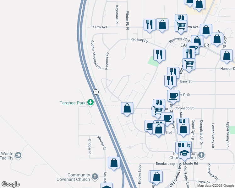 map of restaurants, bars, coffee shops, grocery stores, and more near 11706 Galloway Loop in Anchorage