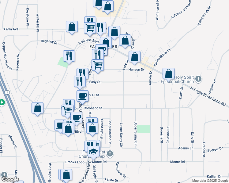 map of restaurants, bars, coffee shops, grocery stores, and more near 16928 Park Place Street in Anchorage