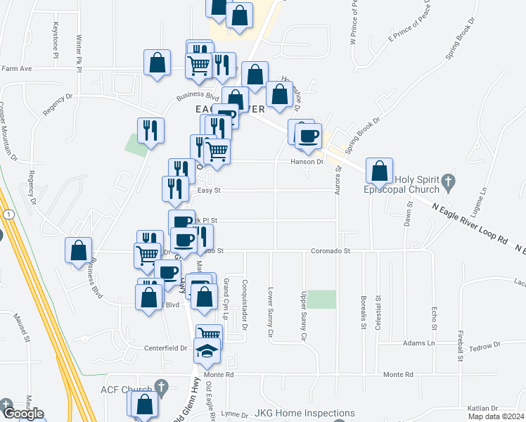 map of restaurants, bars, coffee shops, grocery stores, and more near 16935 Park Place Street in Anchorage