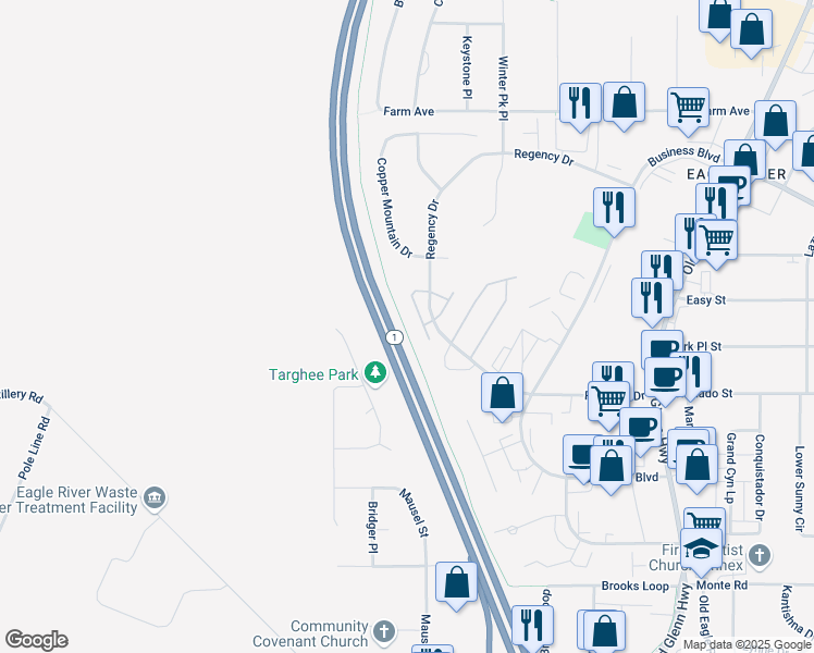 map of restaurants, bars, coffee shops, grocery stores, and more near 11702 Galena Bay Drive in Anchorage