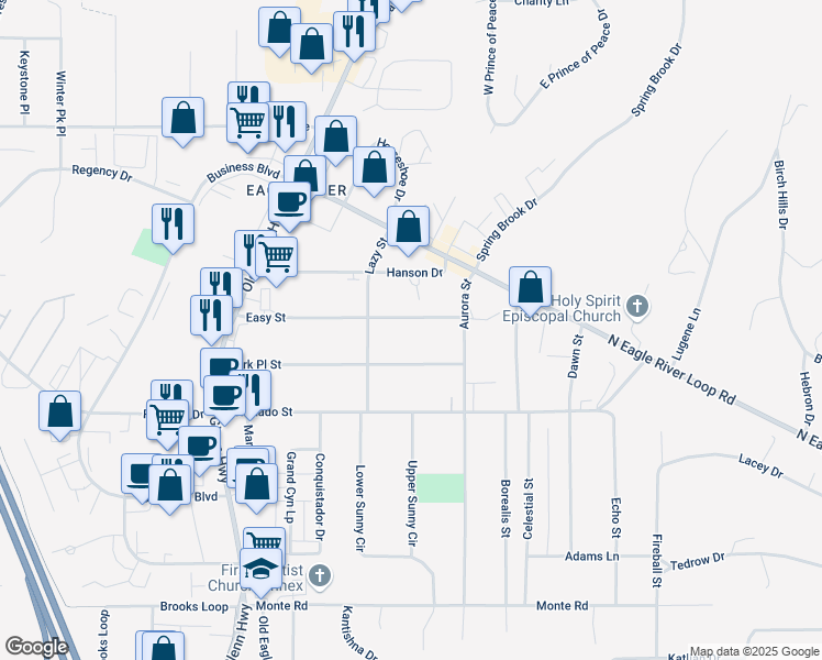 map of restaurants, bars, coffee shops, grocery stores, and more near 17044 Park Place Street in Anchorage