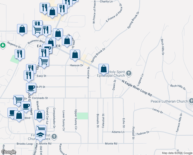map of restaurants, bars, coffee shops, grocery stores, and more near 17214 North Eagle River Loop Road in Anchorage