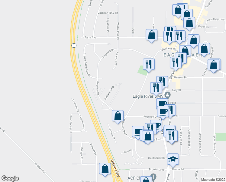 map of restaurants, bars, coffee shops, grocery stores, and more near 11840 Galloway Loop in Anchorage