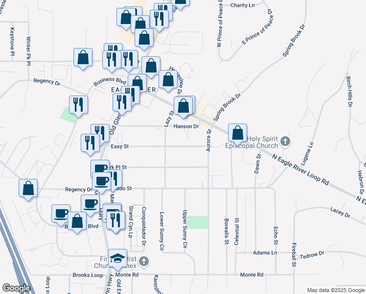 map of restaurants, bars, coffee shops, grocery stores, and more near 17108 Hanson Drive in Anchorage