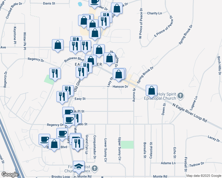 map of restaurants, bars, coffee shops, grocery stores, and more near 11831 Lazy Street in Anchorage